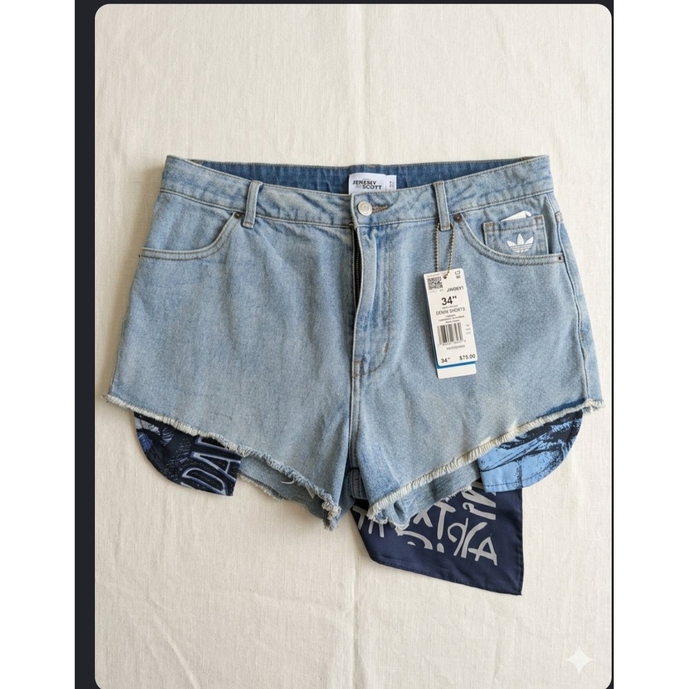 Adidas Jeremy Scott Denim Shorts Light Wash Indigo Avant Garde Womens 34 NWT